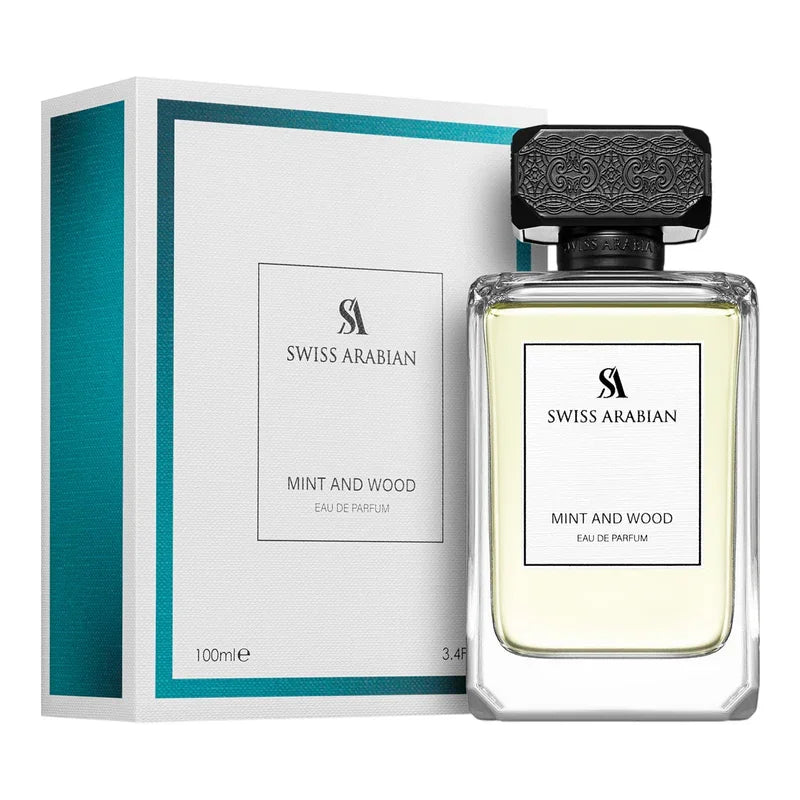 Parfum Eau de Parfum Mint and Wood de Swiss Arabian, flacon en verre et boîte élégante.