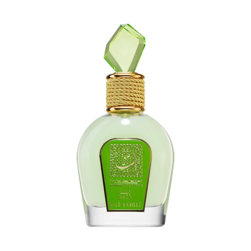Parfum vanille sauvage avec flacon vert clair et bouchon en cristal, collection musc