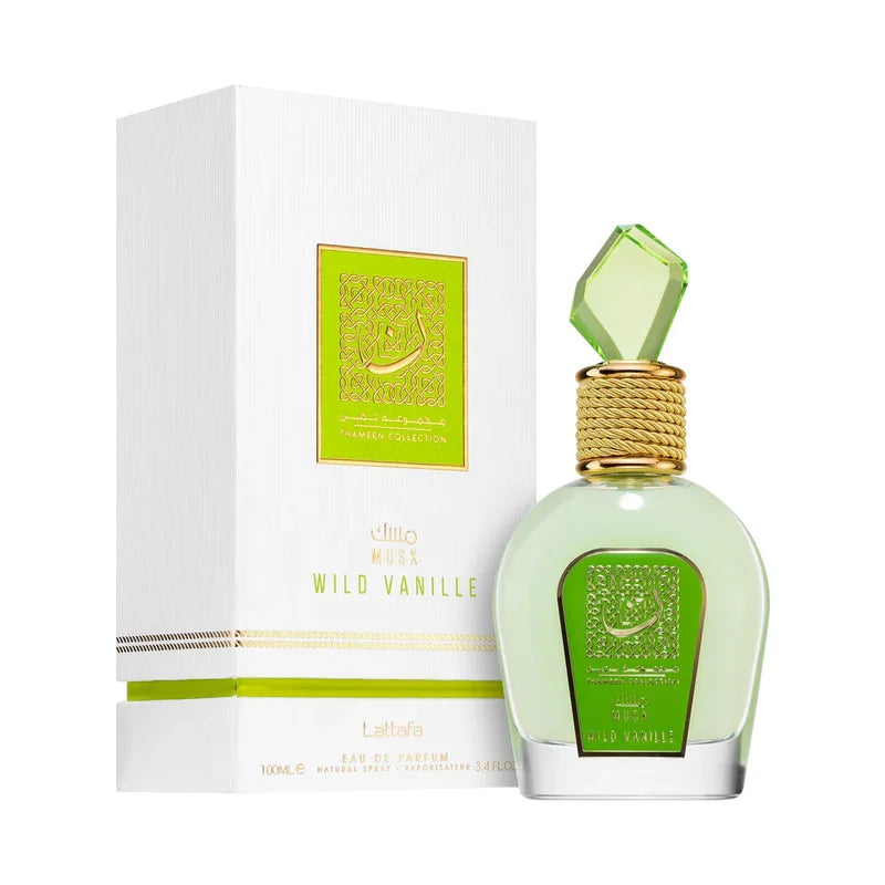 Parfum Wild Vanille Lattafa, flacon vert clair avec capuchon cristal, collection Thameen, eau de parfum 100ml