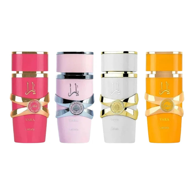 Coffret de quatre parfums Yara de Lattafa en couleurs rose, rose pâle, blanc et orange.