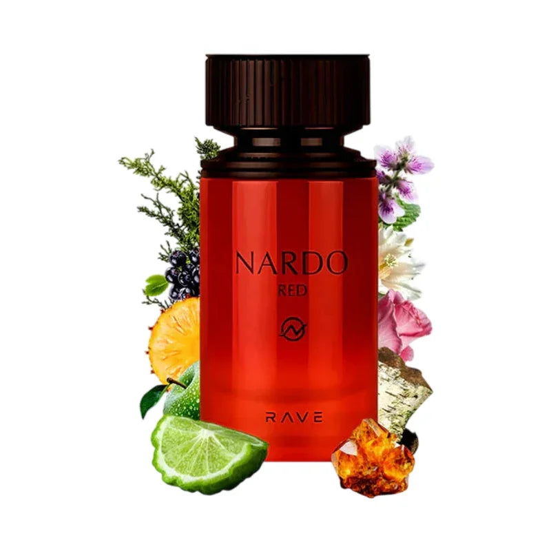 Flacon rouge Nardo Red Rave avec agrumes, fleurs et baies, parfum luxueux et naturel