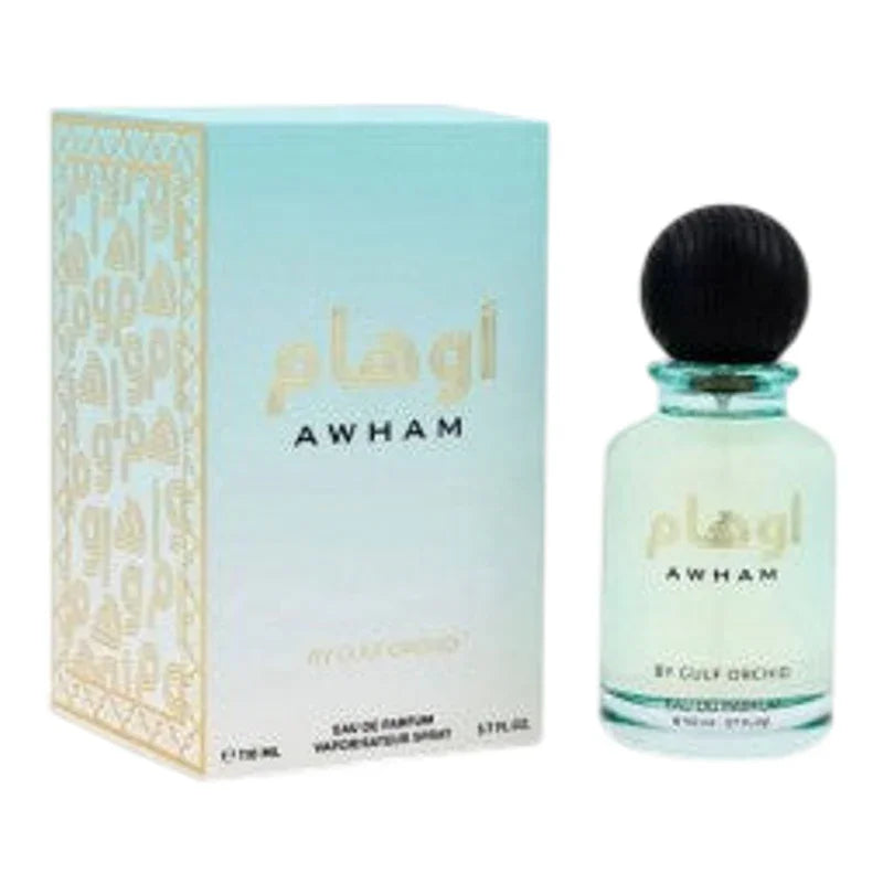 Parfum Eau de Parfum Awham dans son flacon bleu clair et son étui décoré.