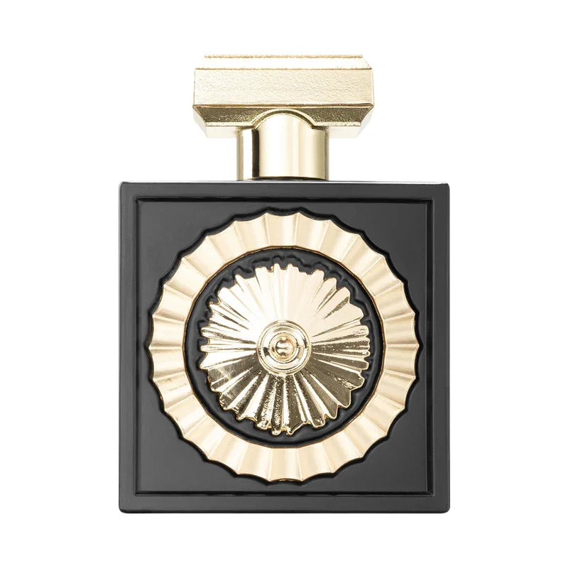 Flacon de parfum de luxe noir avec bouchon et motif solaire doré