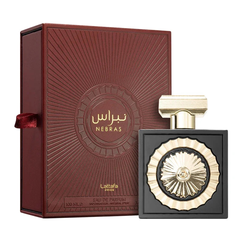Parfum Lattafa Pride Nebras Eau de Parfum pour femme avec son coffret élégant bordeaux.