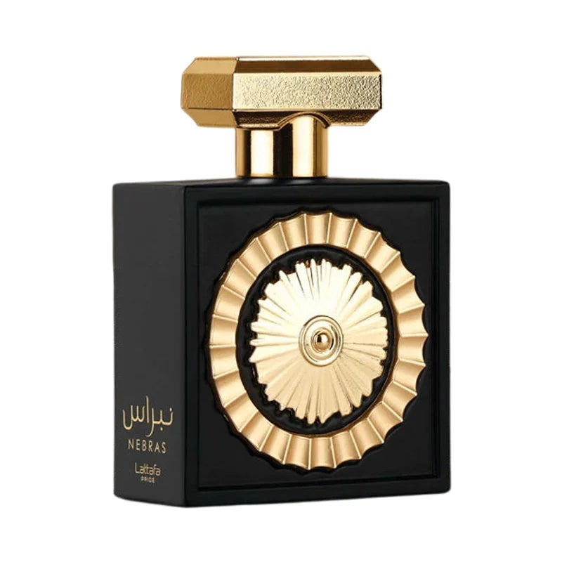 Parfum Nebras de Lattafa Pride, flacon noir élégant avec décor doré sculpté.
