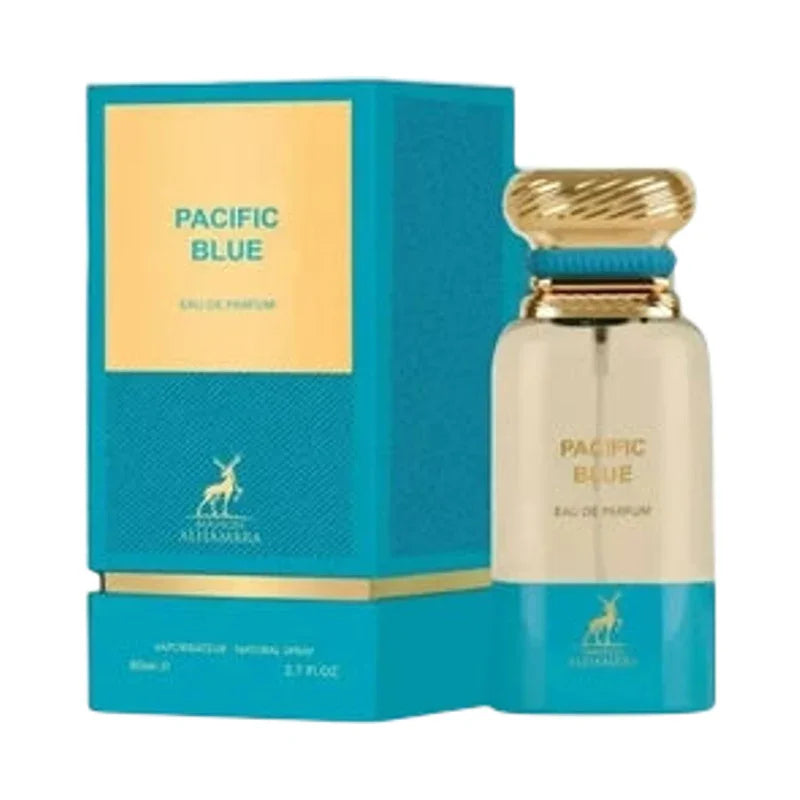 Parfum eau de parfum Pacific Blue de Maison Alhambra dans son coffret bleu et doré.