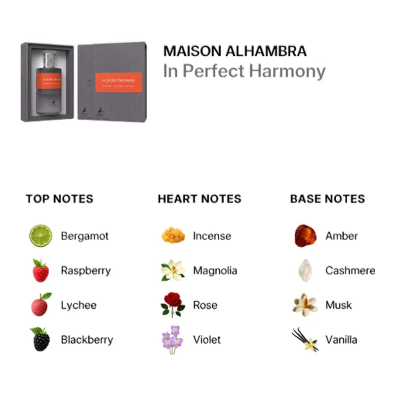 Parfum Maison Alhambra In Perfect Harmony avec ses notes de bergamote, rose et ambre.