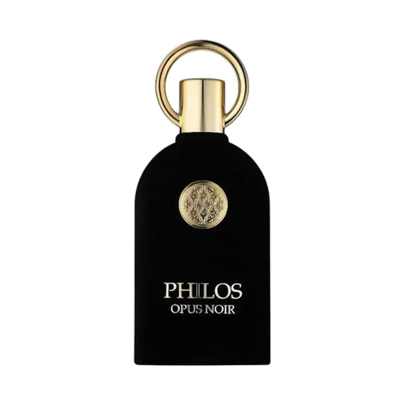 Parfum Opus Noir de Philos dans un flacon noir élégant avec bouchon et médaillon dorés