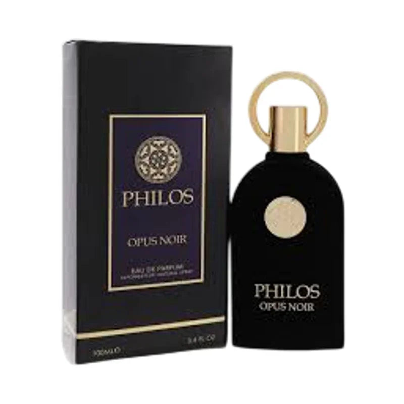 Parfum Opus Noir de Philos en flacon noir et son coffret élégant.