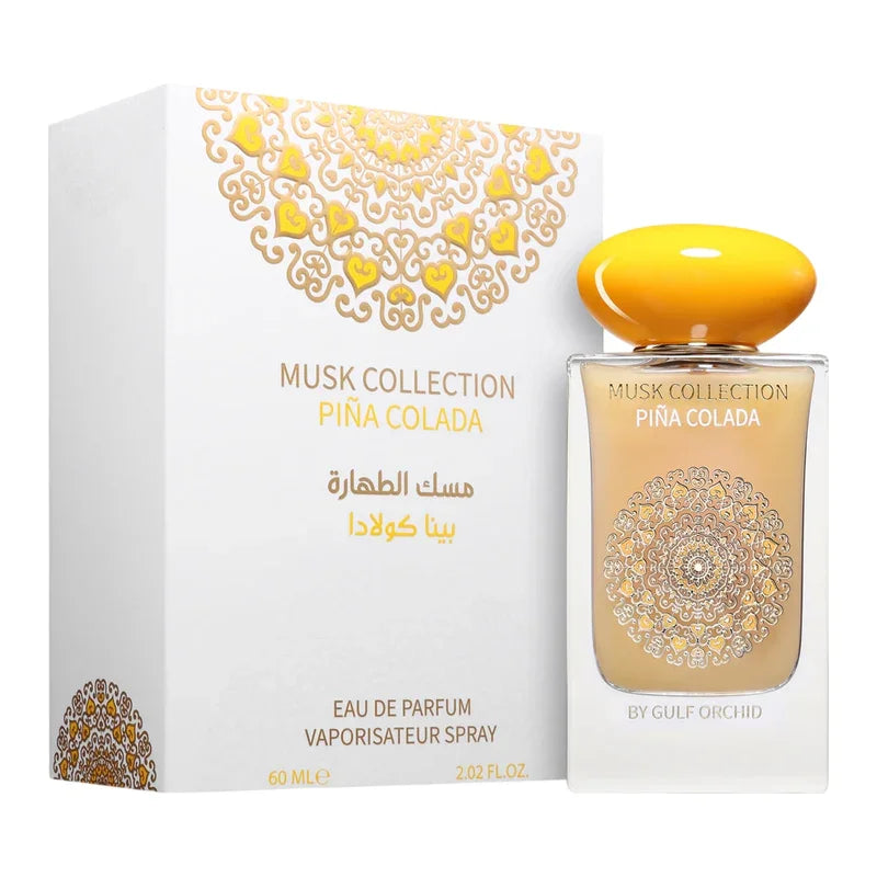 Parfum Piña Colada Musk Collection, eau de parfum 60ml, flacon doré avec vaporisateur, boîte décorative