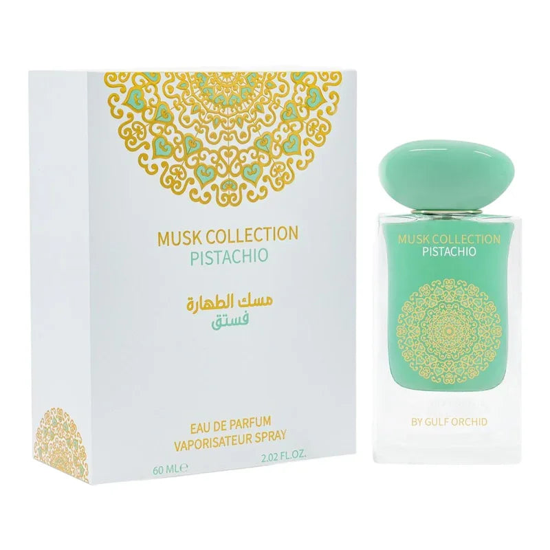 Eau de parfum Musk Collection Pistachio, flacon vert et boîte décorative, parfum d'ambiance et bien-être