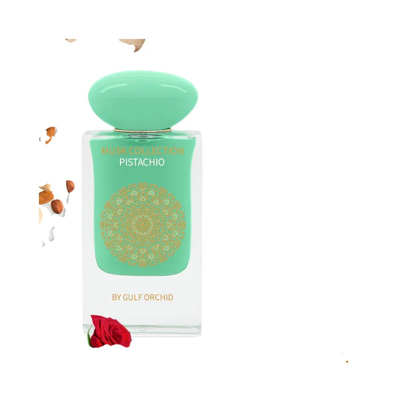 Parfum Pistachio de la collection Musk, flacon vert menthe avec motif doré, rose rouge et noix de pistache