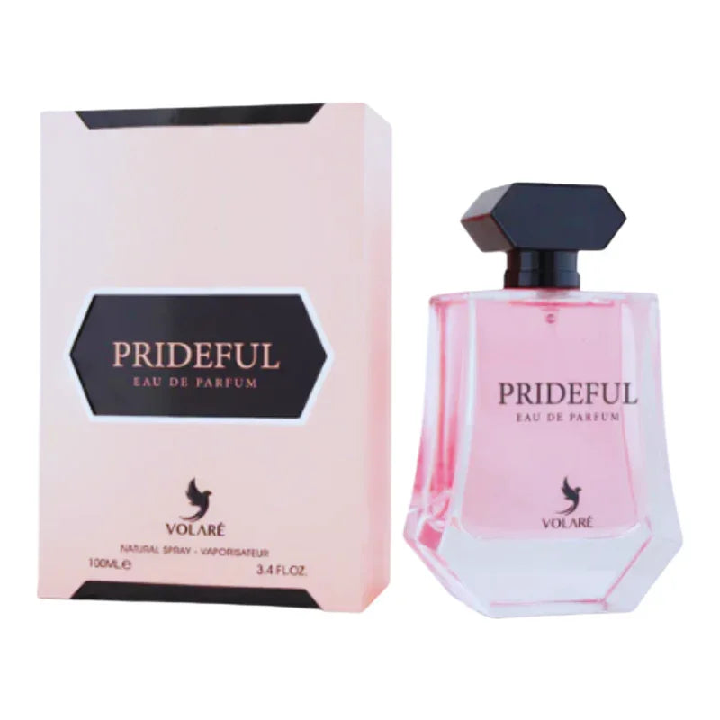 Parfum Eau de Parfum Prideful de Volaré dans son flacon rose et son coffret.