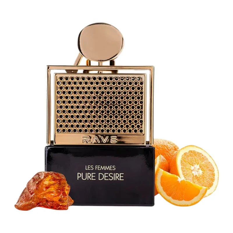 Parfum Les Femmes Pure Desire dans un flacon noir et doré avec des tranches d'orange.