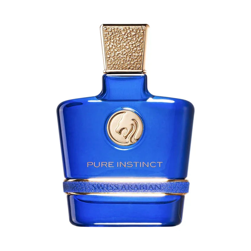 Parfum bleu Pure Instinct de Swiss Arabian avec bouchon doré texturé