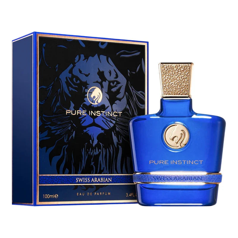 Parfum Eau de Parfum Pure Instinct de Swiss Arabian dans son flacon bleu et son coffret lion.