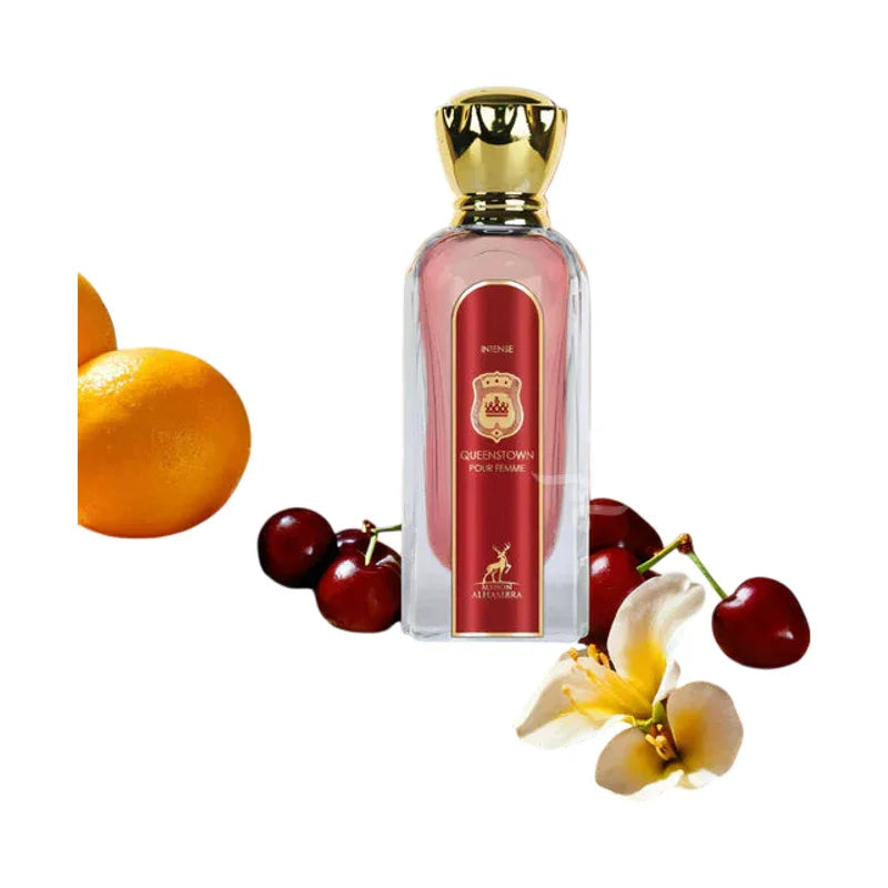 Parfum femme Queenstown Intense avec notes d'orange, cerise et fleur blanche, flacon élégant doré