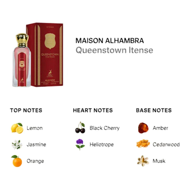 Parfum Queenstown Itense Maison Alhambra, notes de citron, jasmin, cerise noire, ambre, bois de cèdre et musc