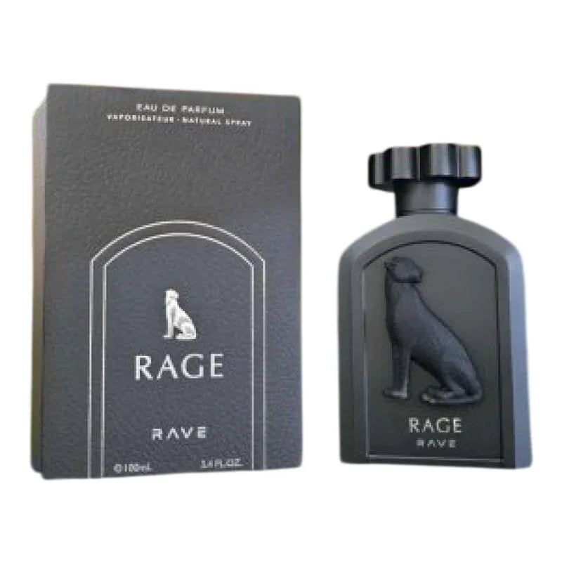 Parfum Eau de Parfum RAGE de la marque Rave dans son flacon noir et son coffret