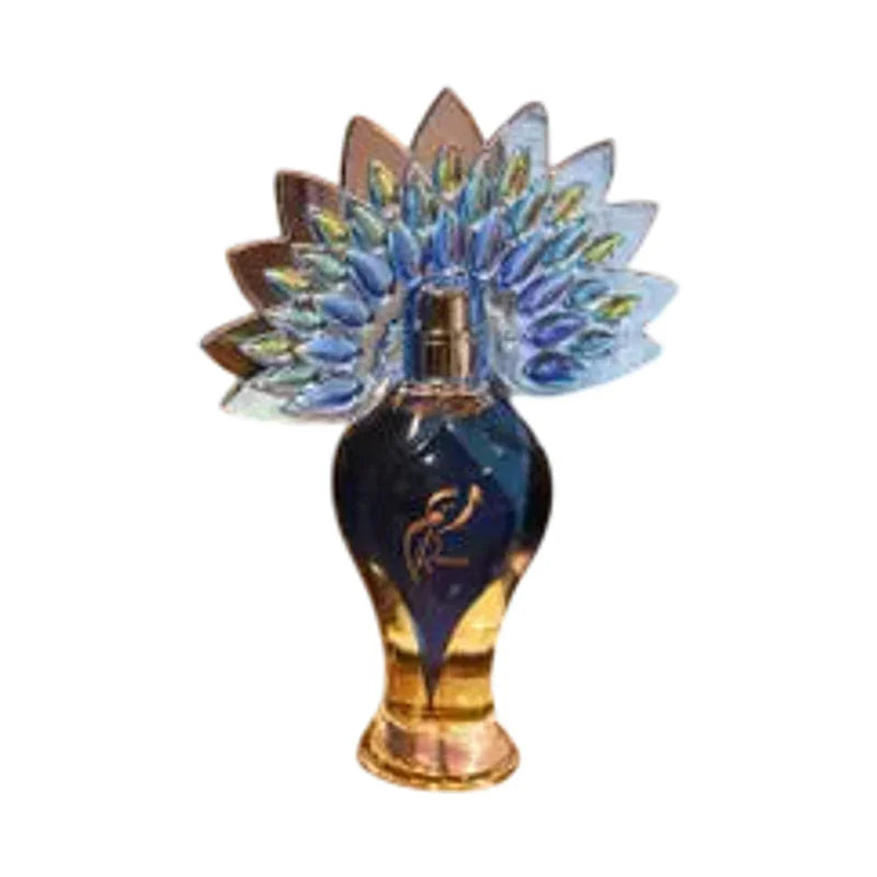 Flacon de parfum élégant avec capuchon floral bleu et doré, design luxueux et détaillé