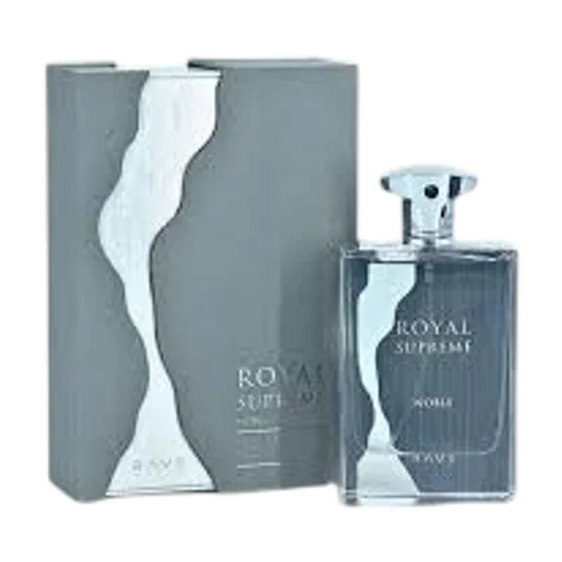 Parfum Royal Supreme Noble de Rave dans son flacon en verre et son coffret gris.