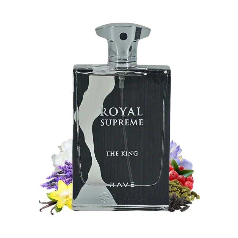 Parfum Royal Supreme The King pour homme dans un flacon noir élégant avec notes florales
