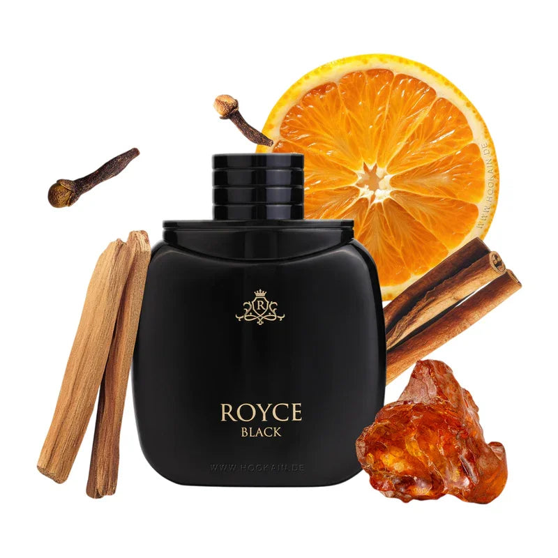 Parfum Royce Black en flacon noir avec agrumes, cannelle et clous de girofle