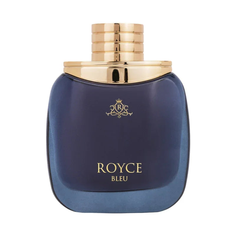 Flacon de parfum Royce Bleu avec bouchon doré sur fond blanc