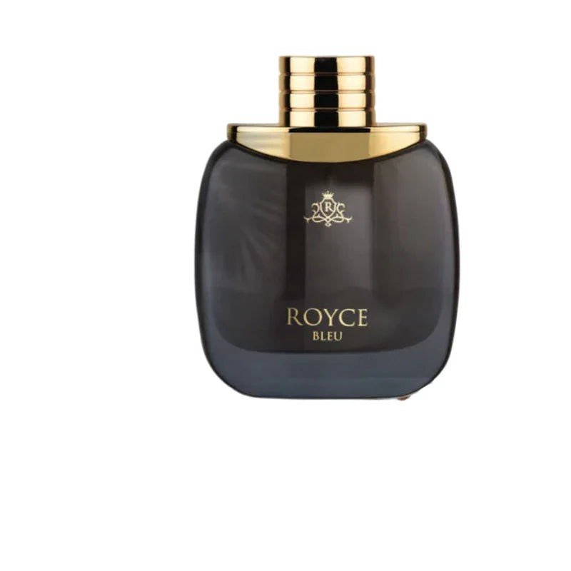 Flacon de parfum Royce Bleu avec bouchon doré sur fond blanc