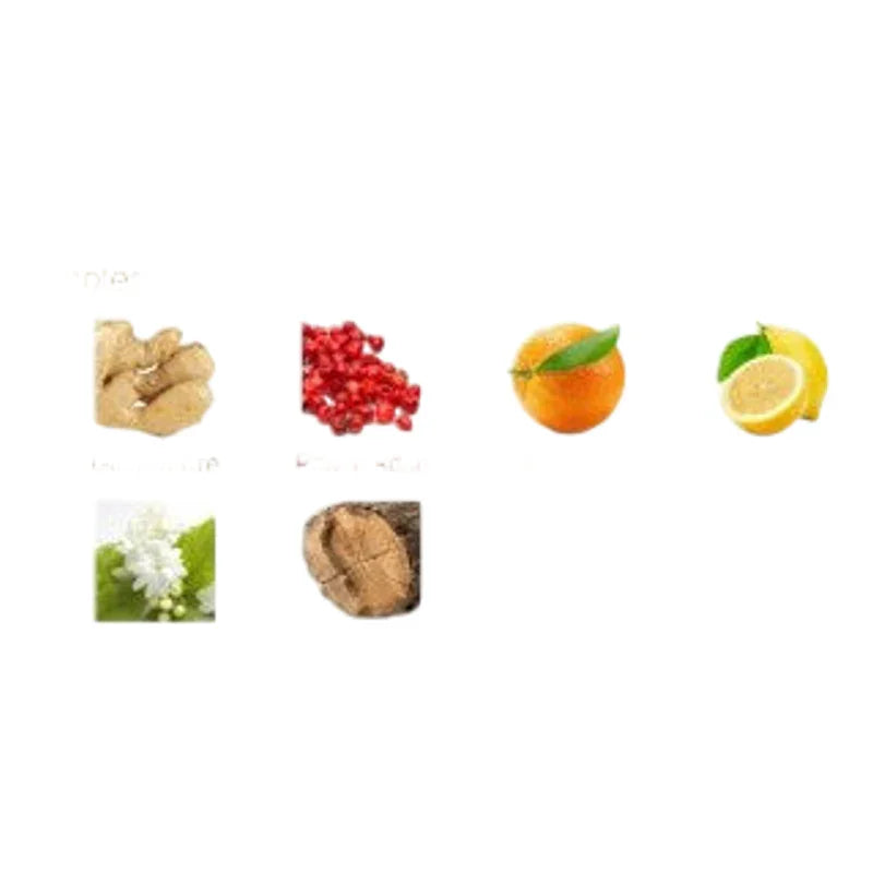 Ingrédients naturels : gingembre, grenade, orange, citron, fleurs blanches et bois.