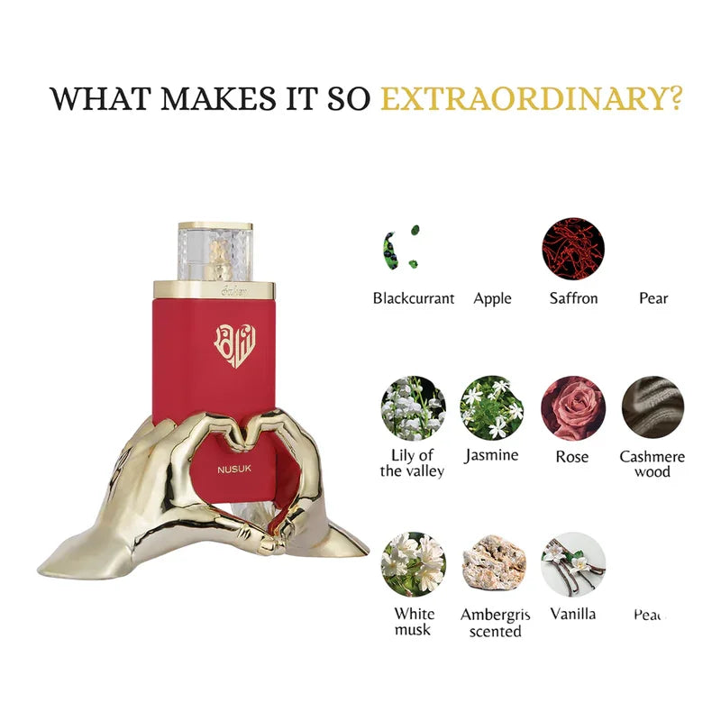 Parfum Nusuk dans une main dorée avec notes de safran, rose, jasmin et vanille.