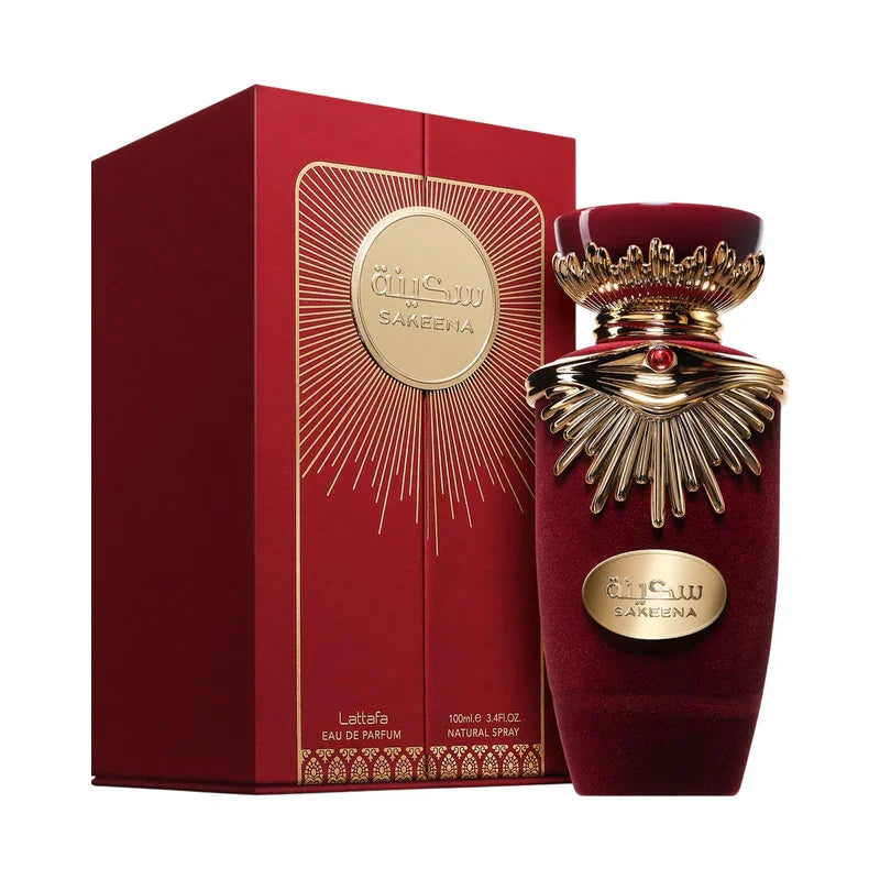 Flacon de parfum Sakeena Lattafa en velours bordeaux avec détails dorés et boîte assortie, eau de parfum 100ml
