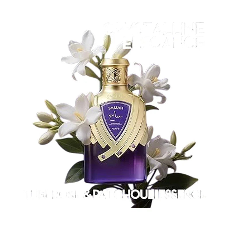 Parfum Samah dans un flacon violet et doré entouré de fleurs de jasmin blanches