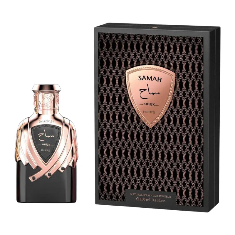 Parfum Samah Onyx Riiffs pour homme avec son flacon noir et doré et son coffret élégant.