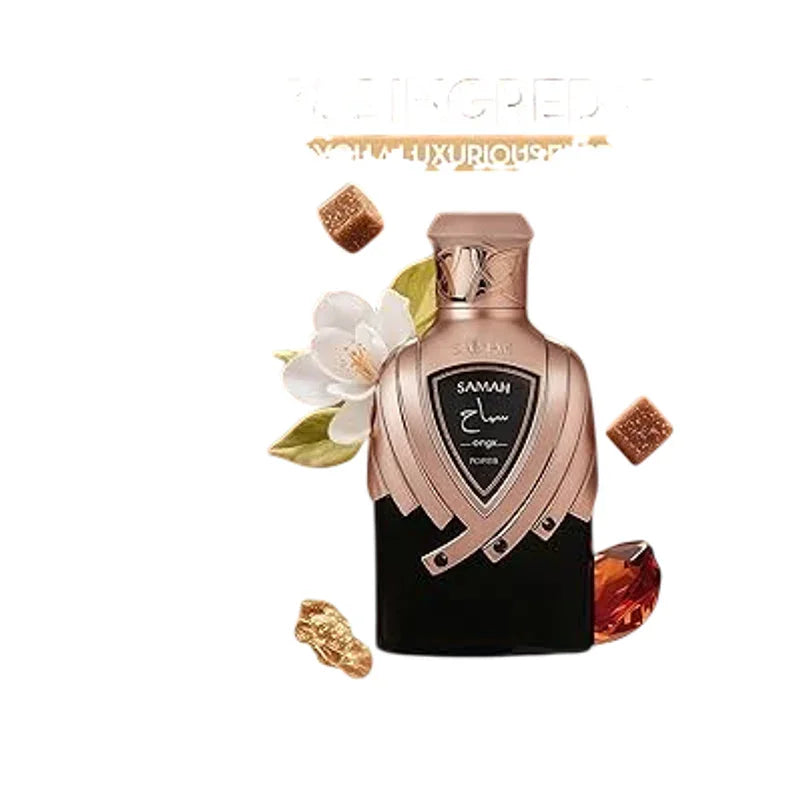 Parfum Saman Orge luxueux entouré de fleurs blanches et d'ingrédients précieux