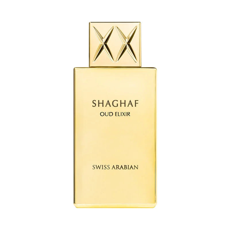 Flacon doré Shaghaf Oud Elixir par Swiss Arabian, parfum luxueux à l'oud