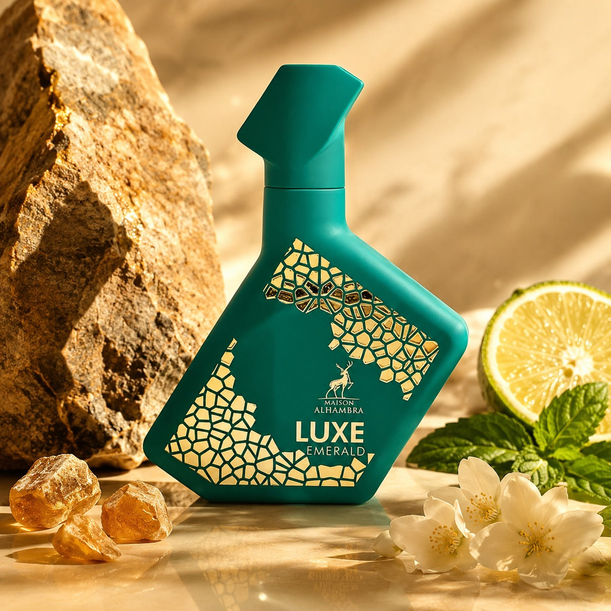 ARVOLA_SHOWCASE — Luxe Emerald, photo artistique (Luxe Emerald est une fragrance élégante et lumineuse qui met en avant une composition fraîche, moderne et raffinée. Son caractère précieux évoque l'éclat d'une pierre rare, alliant légèreté et sophistication