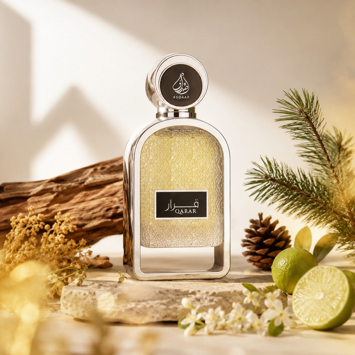 ARVOLA_SHOWCASE — Qarar, photo artistique (notes fraîches et boisées, créant un parfum apaisant, élégant et facile à porter au quotidien. Sa formule légère permet une diffusion subtile sur la peau, les cheveux ou les vêtements, offrant un sillage délicat et