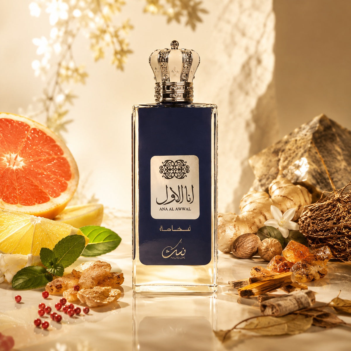 ARVOLA_SHOWCASE — Ana Al Awwal Fakhamah, photo artistique (Pamplemousse, Citron, Menthe, Poivre rose, Gingembre, Noix de muscade, Jasmin, Iso E Super, Encens, Vétiver, Cèdre, Santal, Patchouli, Labdanum, Musc blanc)