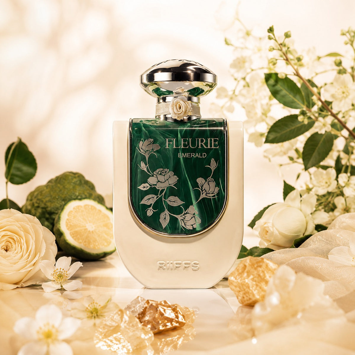 ARVOLA_SHOWCASE — Fleurie Emerald Green, photo artistique (accords frais et lumineux, bouquet floral élégant, musc, notes douces)