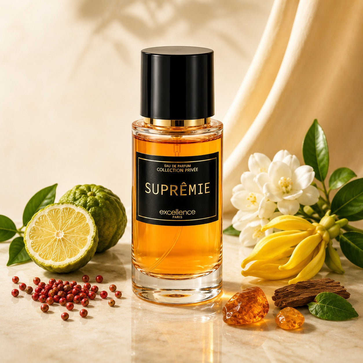 ARVOLA_SHOWCASE — Supremie Black, photo artistique (SUPRÊMIE est une fragrance élégante et lumineuse, où la fraîcheur épicée rencontre une sensualité florale raffinée. Les notes de tête de bergamote et de poivre rose offrent une ouverture pétillante et délic