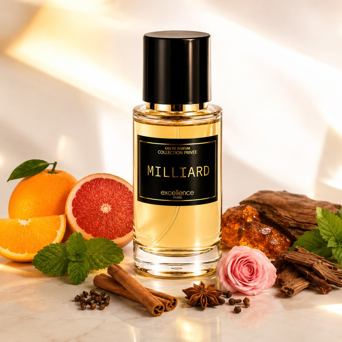 ARVOLA_SHOWCASE — Milliard Black, photo artistique (MILLIARD est une fragrance audacieuse et charismatique, pensée pour celles et ceux qui aiment les parfums puissants et affirmés. L’ouverture fraîche et énergisante associe l’orange, le pamplemousse et la me