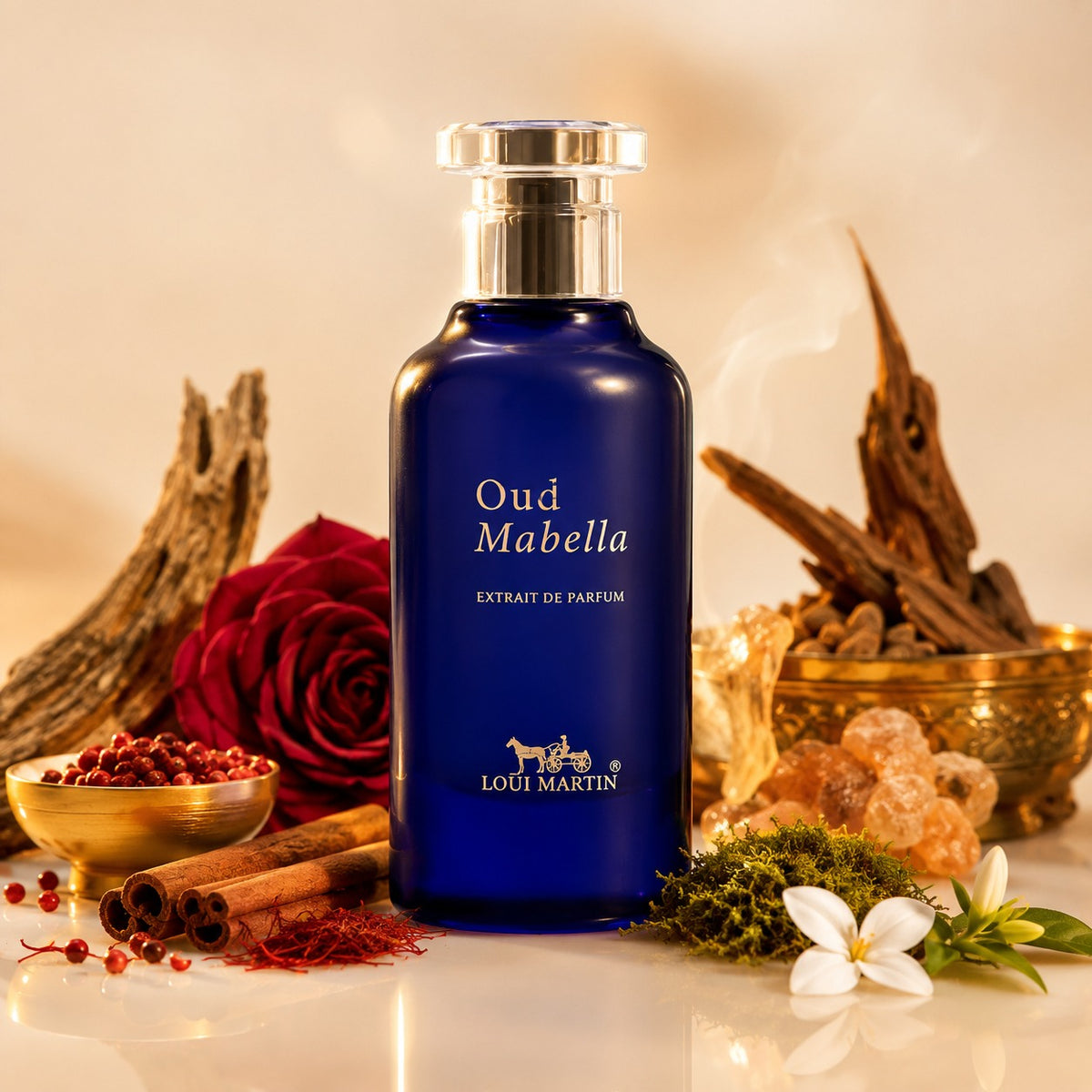 ARVOLA_SHOWCASE — Oud Mabella, photo artistique (Safran, Cannelle, Poivre rose, Rose de Damas, Encens, Patchouli, Oud cambodgien, Bois de santal, Musc)
