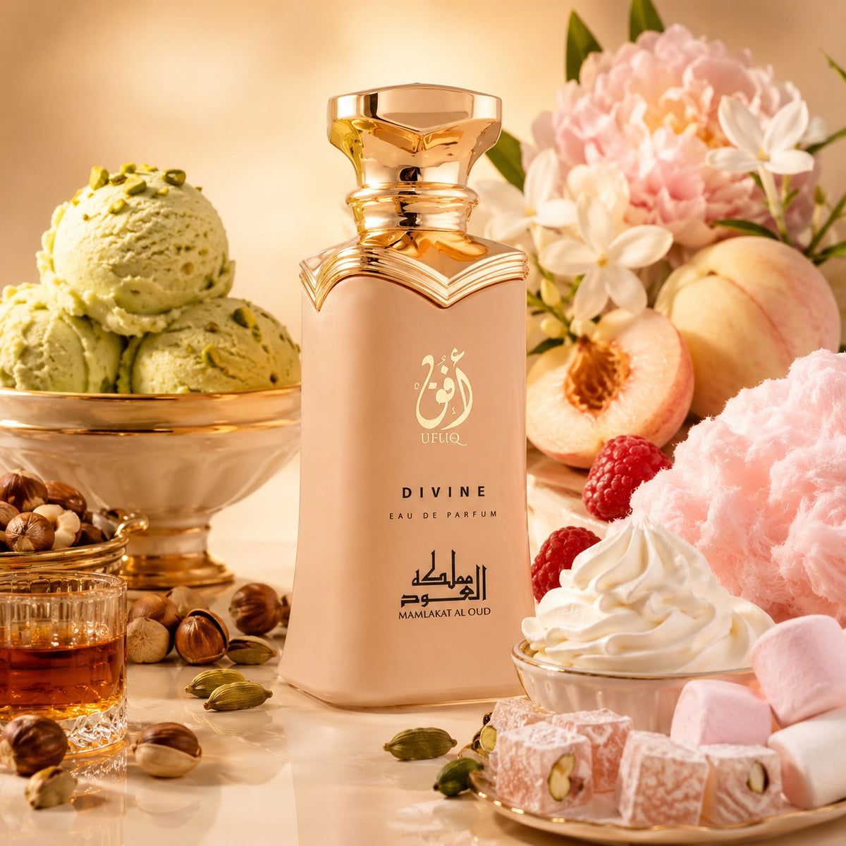 ARVOLA_SHOWCASE — Ufuq Divine, photo artistique (Glace à la pistache, Noisette, Rhum sucré, Cardamome, Jasmin, Pivoine, Framboise, Pêche blanche, Crème fouettée, Guimauve, Barbe à papa, Loukoum turc)