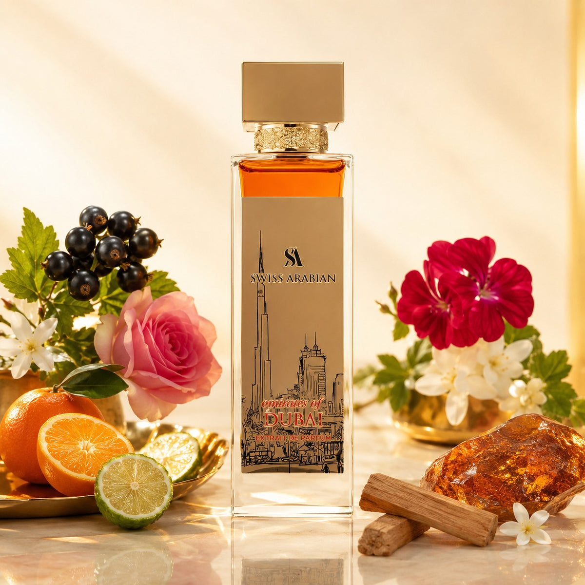 ARVOLA_SHOWCASE — Opulence Of Dubai, photo artistique (Cassis, Mandarine, Bergamote, Géranium, Rose, Jasmin, Musc, Ambre, Santal)