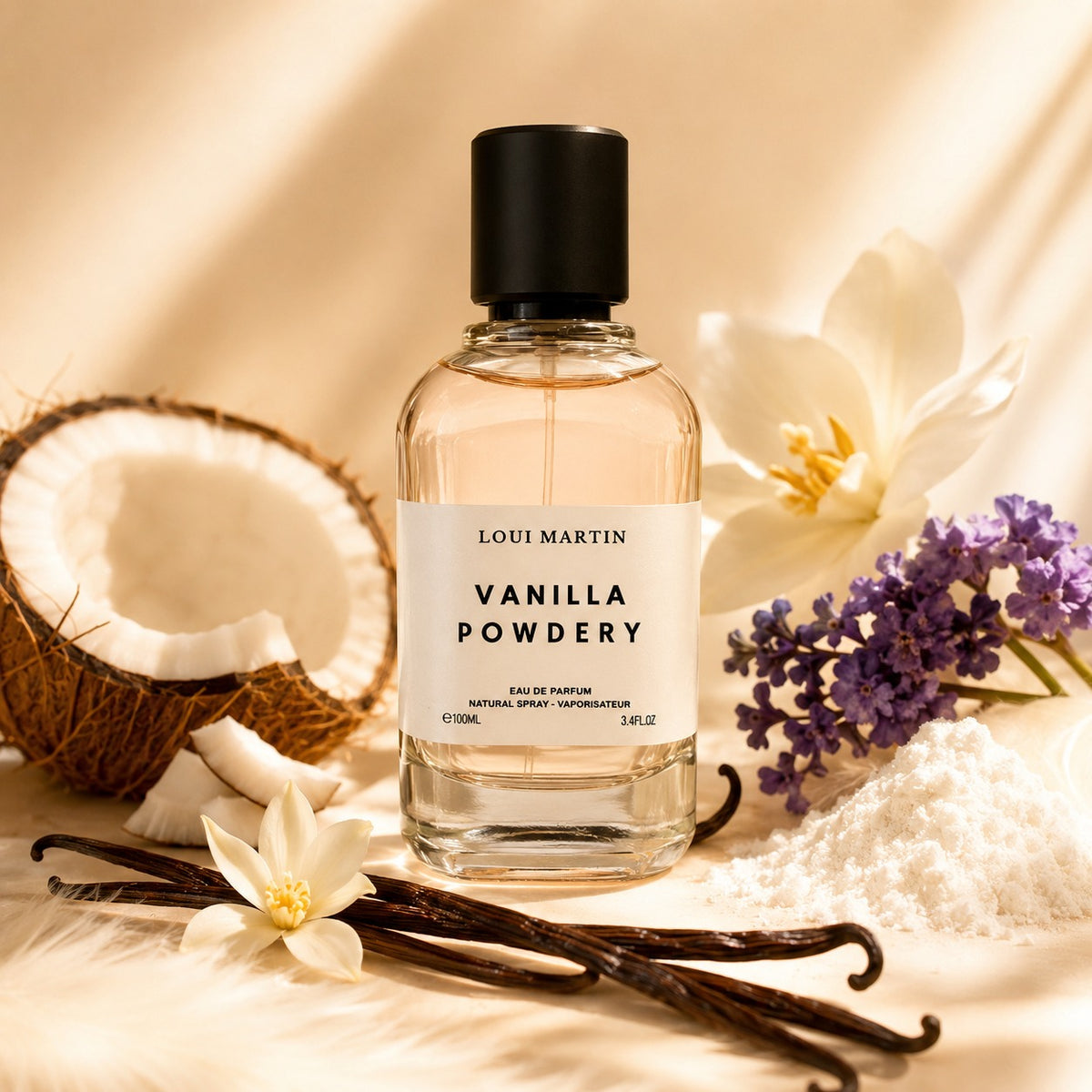 ARVOLA_SHOWCASE — Vanilla Powdrey, photo artistique (Tête : Poudre de Noix de Coco, Héliotrope Cœur : Vanille de Madagascar Fond : Absolu de vanille, Musc blanc, Noix de Coco)