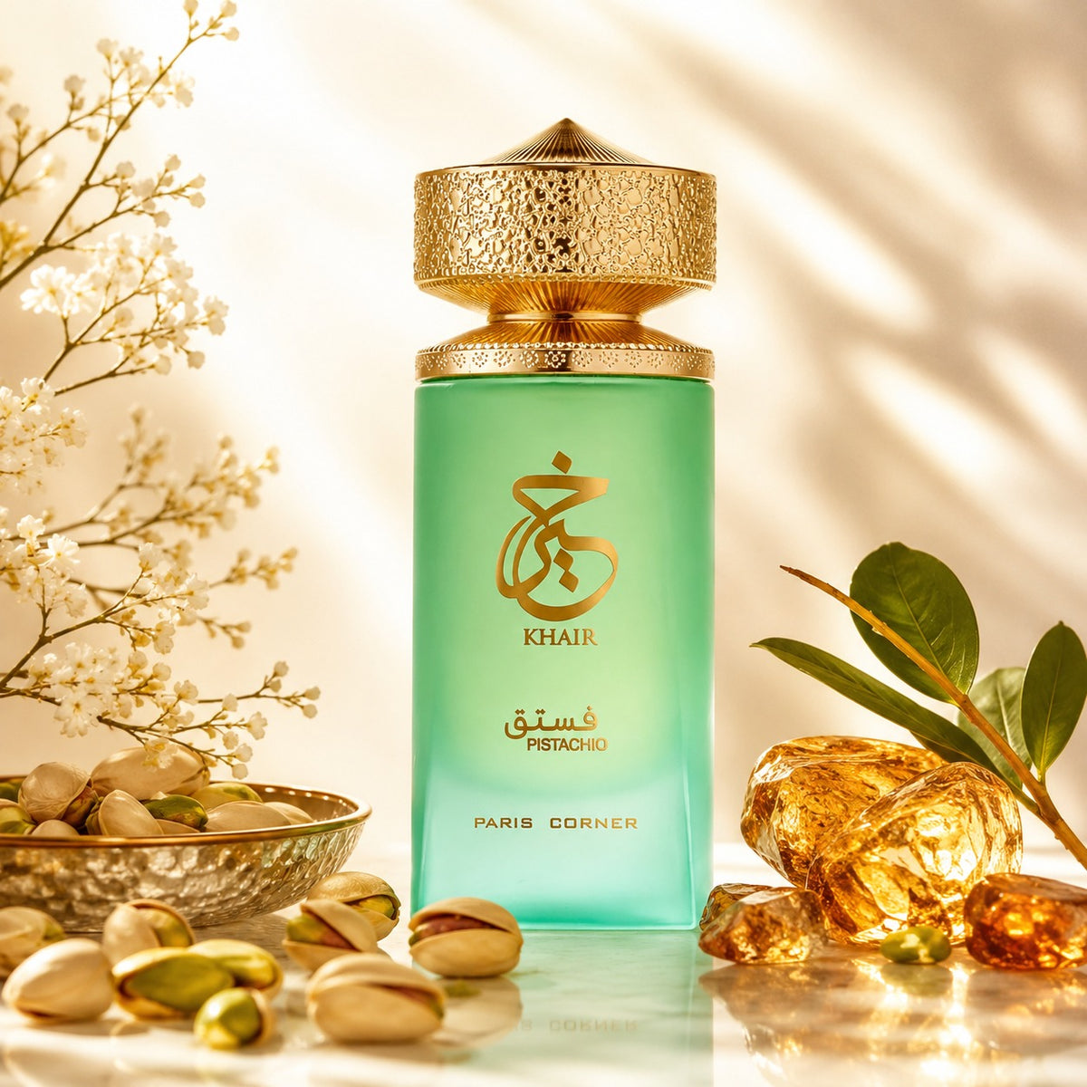 ARVOLA_SHOWCASE — Khair Pistachio, photo artistique (accord de pistache délicatement travaillé, offrant une sensation chaleureuse et enveloppante, idéale au quotidien comme pour les occasions spéciales. Présentée dans un flacon généreux de 100 ml, cette frag