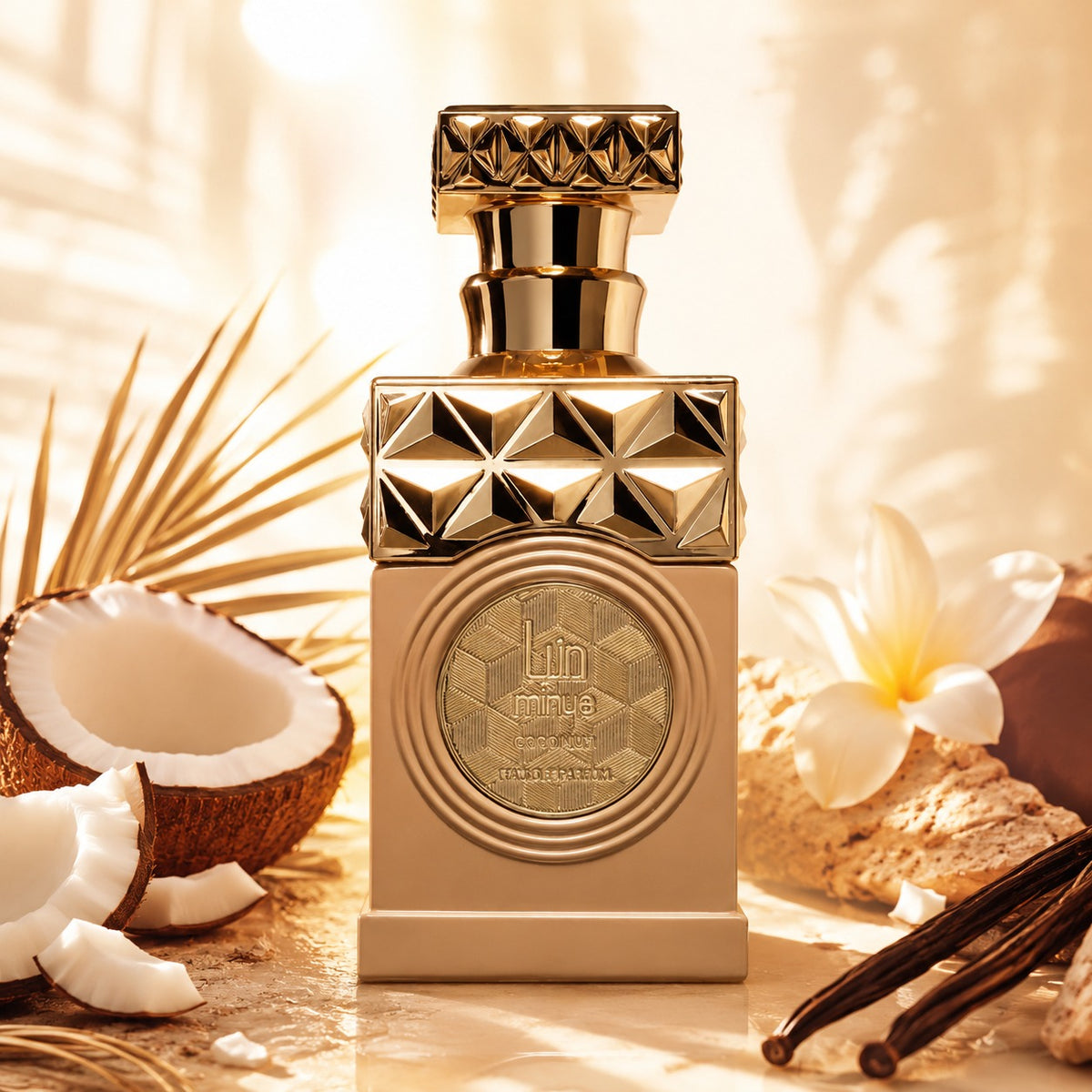 ARVOLA_SHOWCASE — Minya Coco Lush, photo artistique (accords inspirés de la noix de coco, apportant une sensation douce, crémeuse et enveloppante, idéale pour celles et ceux qui apprécient les fragrances chaleureuses et addictives. Pensé pour un usage au quo