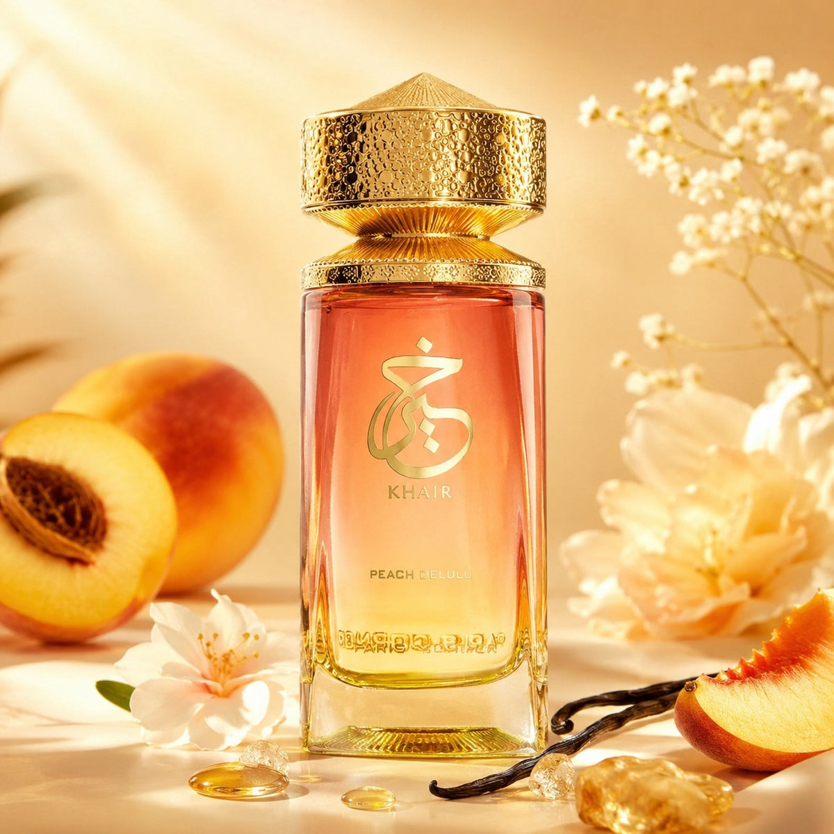 ARVOLA_SHOWCASE — Khair Peach Delulu, photo artistique (fragrance accompagne la peau avec une tenue appréciable et une présence raffinée, sans excès. Son format 100 ml convient parfaitement à une utilisation régulière et constitue également une belle option
