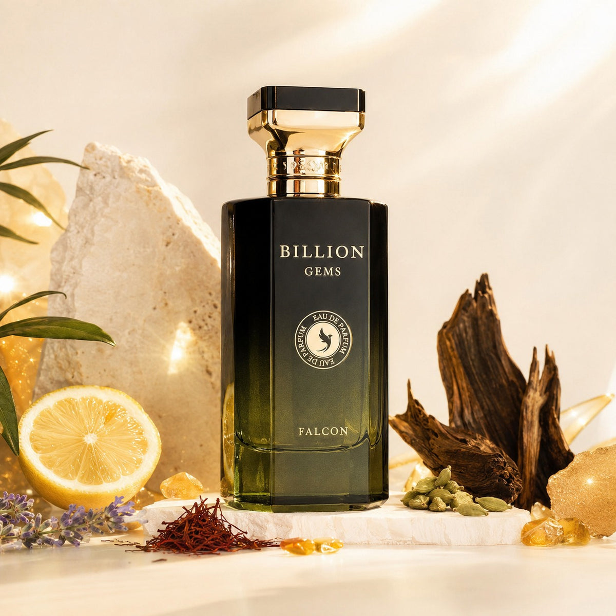 ARVOLA_SHOWCASE — Billion Gems Falcon, photo artistique (notes de tête vives et pétillantes à une base chaleureuse et envoûtante. Idéal pour les hommes et les femmes qui recherchent une signature olfactive intemporelle, le Billion Gems Falcon - Volare est pl